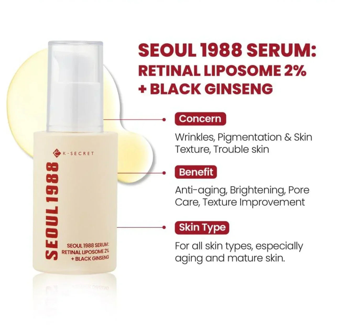 K-SECRET SEOUL 1988 Retinal Serum – 2% Advanced Retinal Liposome & 58% Black Ginseng Extract | Fine Lines & Skin Texture Refining Korean Skincare Serum