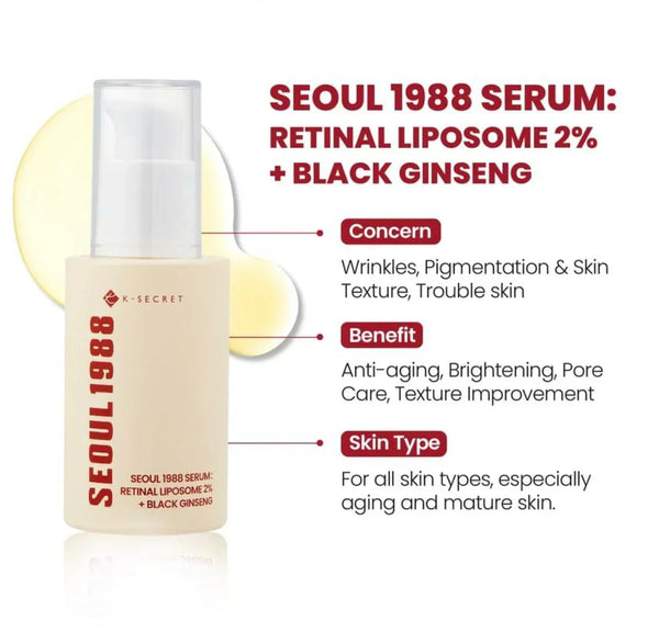 K-SECRET SEOUL 1988 Retinal Serum – 2% Advanced Retinal Liposome & 58% Black Ginseng Extract | Fine Lines & Skin Texture Refining Korean Skincare Serum – alternate view